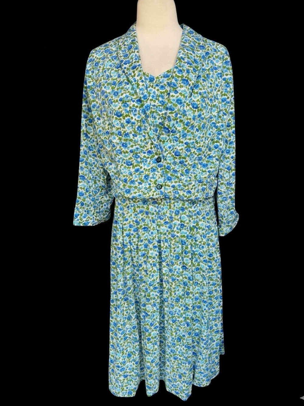1960s Handmade Lightweight Nylon Abstract Blue Floral Dress Set w/Matching Boler